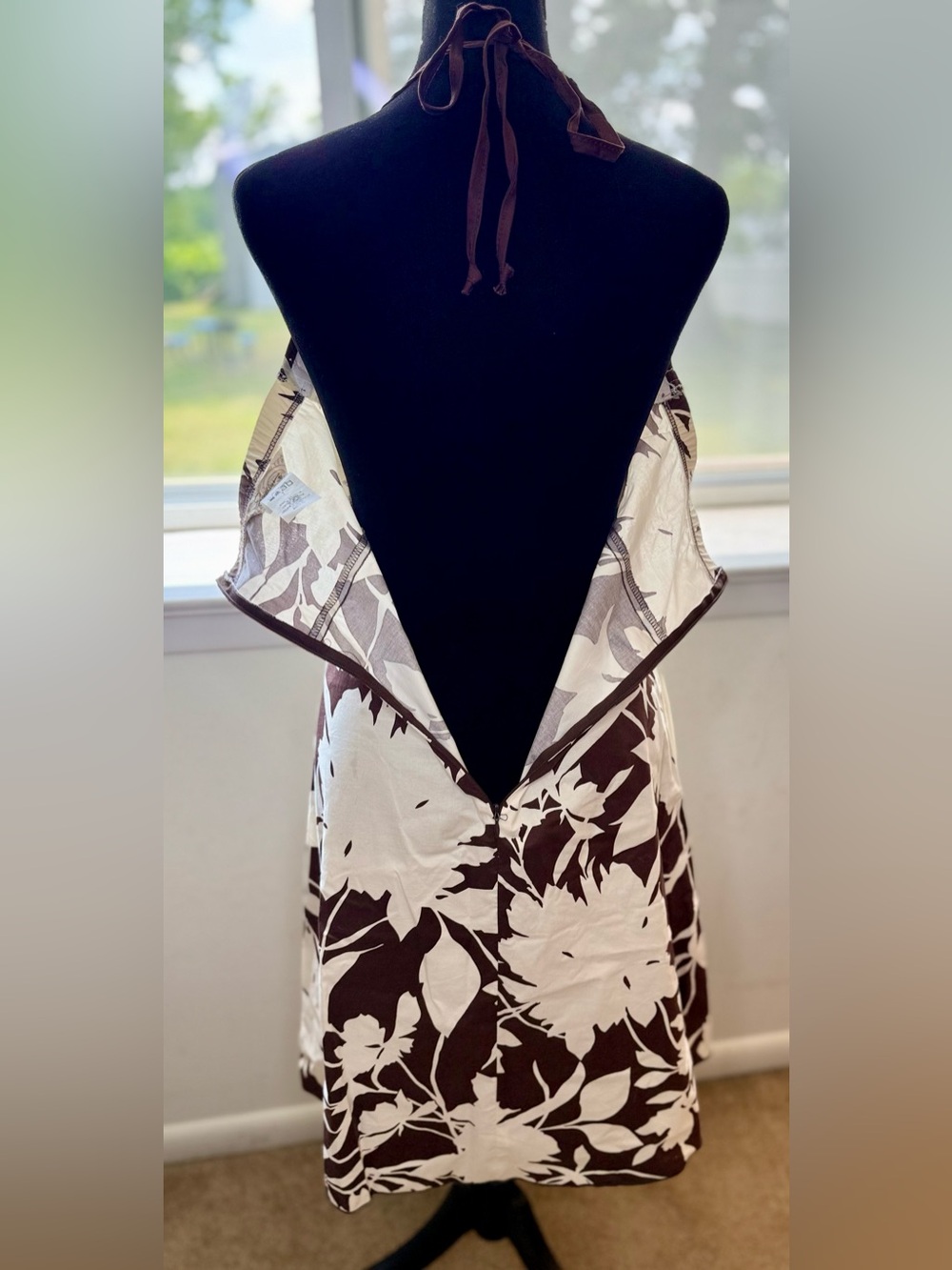 Y2K vintage summer halter sundress empire waist brown white tropical zip med - Picture 9 of 11